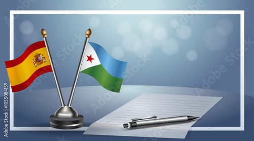 Spain and Djibouti  Small national flag on bokeh background, cooperative relationship