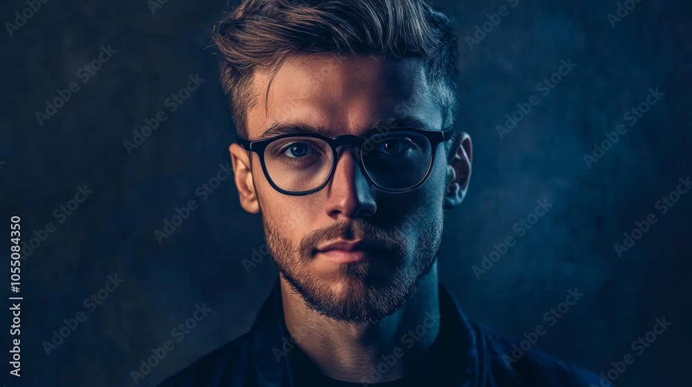 Fototapeta premium A man with glasses is standing in front of a dark background