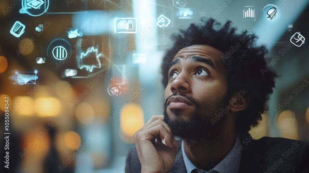 A man with a beard is looking at a computer screen with a lot of icons