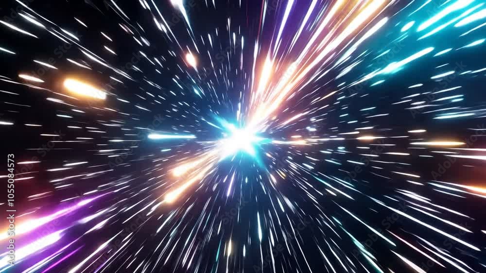 Starry bright glowing lights flying extremely fast lightspeed through hyperspace to the end of tunnel in space Starry bright glowing lights flying extremely fast lightspeed through hyperspace to the end of tunnel in space