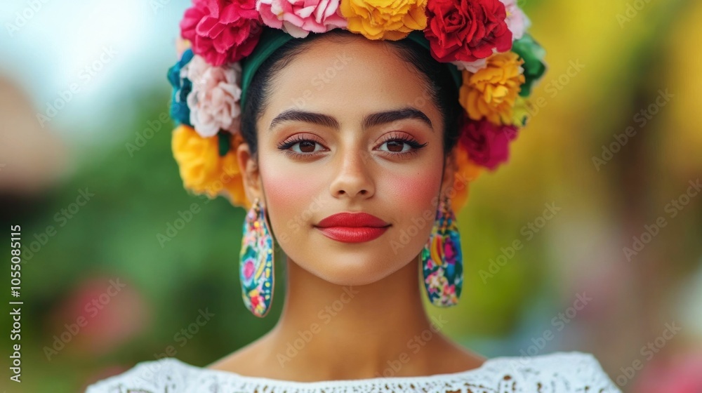 A close up portrait of a woman attending a vibrant cultural festival in Mexico wearing a colorful traditional dress adorned with flowers and an ornate headdress A close up portrait of a woman attending a vibrant cultural festival in Mexico wearing a colorful traditional dress adorned with flowers and an ornate headdress