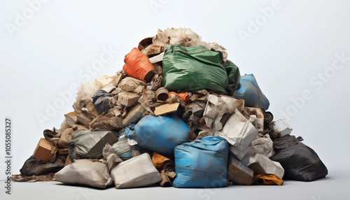 Pile of Garbage Bags and Trash on White Background photo