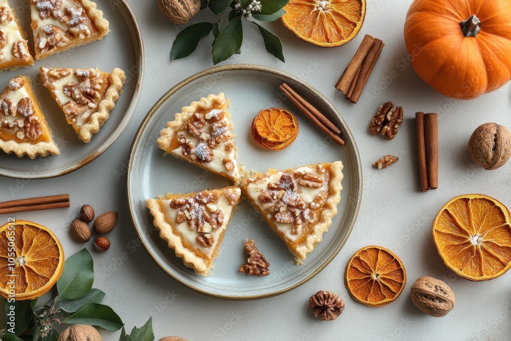 Delicious pumpkin pie slices with nuts and autumn spices on plates Delicious pumpkin pie slices with nuts and autumn spices on plates