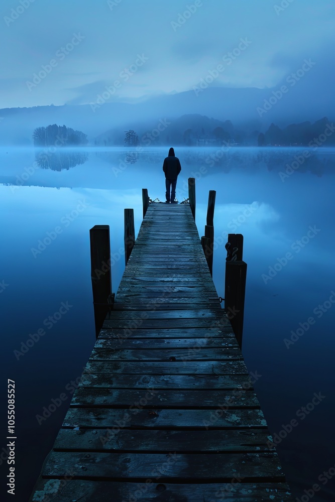 Fototapeta premium A solitary figure stands at the end of a wooden pier overlooking a misty lake. The early morning light casts a blue hue over the water, creating a sense of tranquility.