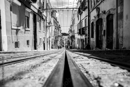 Ascensor tracks at Bica de Duarte Belo street in old town Lisbon photo