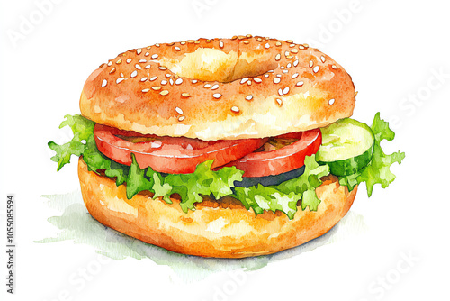 Watercolor illustration of a toasted sesame bagel with fresh sandwich ingredients