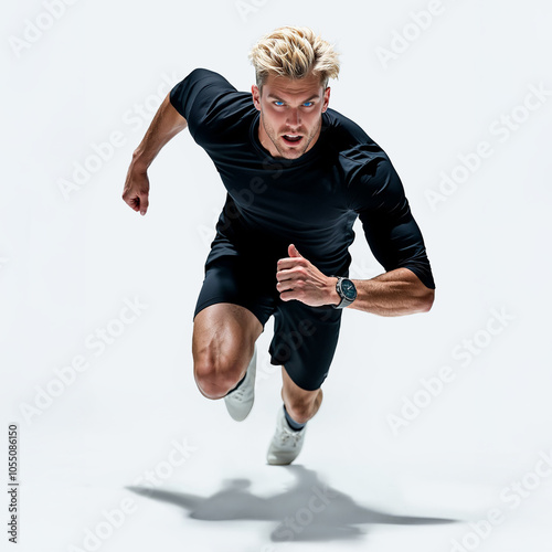 Male soccer player wearing black jersey in action pose.