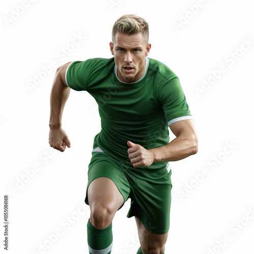 Male soccer player wearing green jersey in action pose.