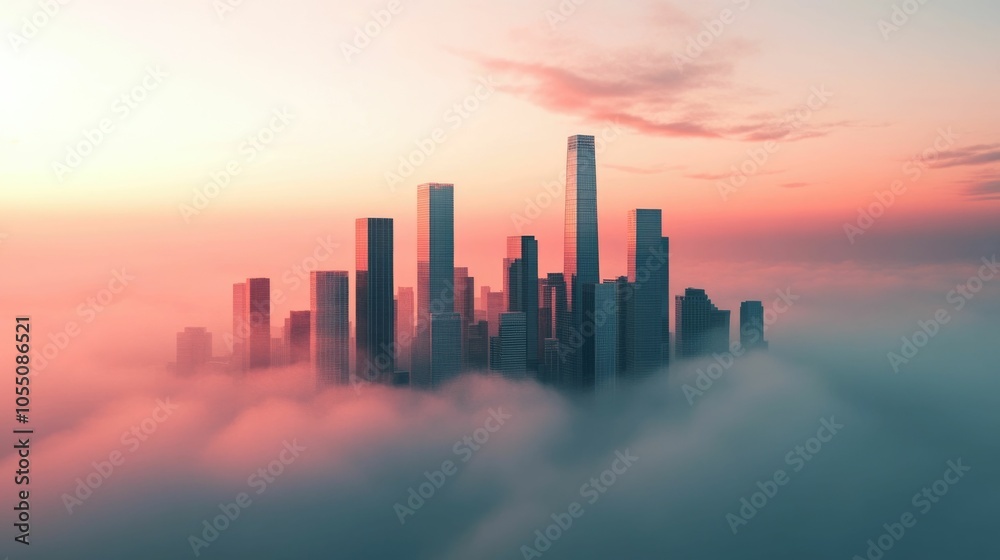 Fototapeta premium Majestic skyscrapers reaching towards the heavens their reflective surfaces blending seamlessly with the surrounding cloud shrouded atmosphere