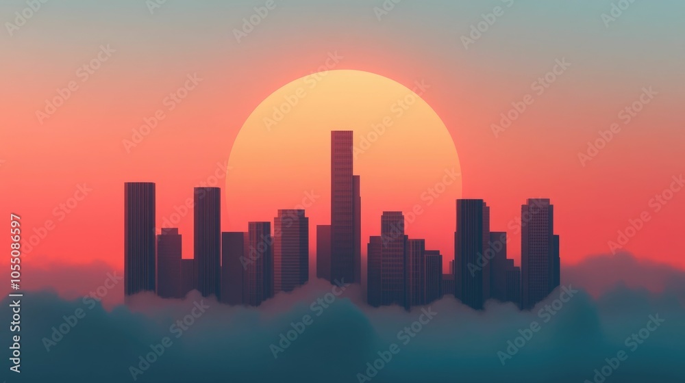 Tall reflective skyscrapers rising into the clouds dominating the urban landscape with a deep depth of field during the magical golden hour of sunrise or sunset Tall reflective skyscrapers rising into the clouds dominating the urban landscape with a deep depth of field during the magical golden hour of sunrise or sunset