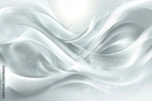 Abstract silver and white flowing waves with sparkling lights.