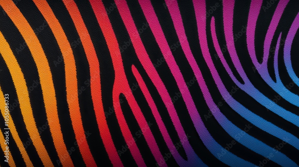 A zebra print design featuring vivid, multicolor stripes fading into a pitch-black background, blending nature with bold contemporary fashion A zebra print design featuring vivid, multicolor stripes fading into a pitch-black background, blending nature with bold contemporary fashion
