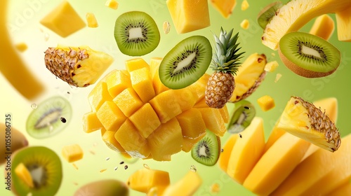 Fototapeta Naklejka Na Ścianę i Meble -  Realistic tropical fruits like mangoes kiwis and pineapples falling in mid-air with bright natural colors