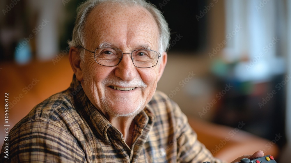 A man with glasses is smiling and holding a remote control A man with glasses is smiling and holding a remote control