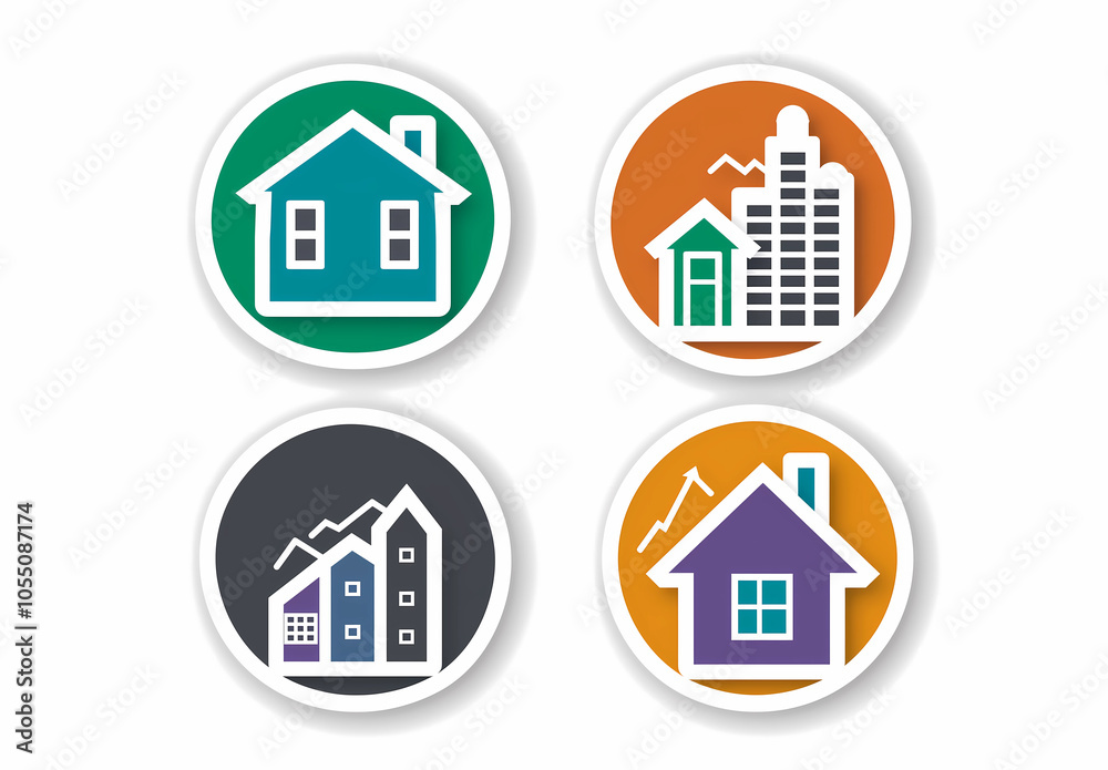 Creative collection of house and building icons in vibrant circular designs Creative collection of house and building icons in vibrant circular designs