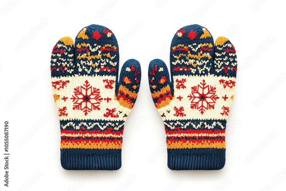 Cozy Winter Mittens with Snowflake Patterns - Festive Christmas 2D Illustration on White Background Cozy Winter Mittens with Snowflake Patterns - Festive Christmas 2D Illustration on White Background