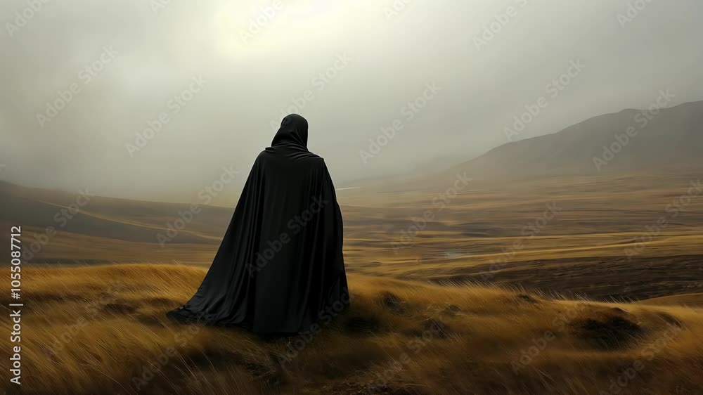 A figure in a black cloak stands on a hilltop overlooking a misty valley A figure in a black cloak stands on a hilltop overlooking a misty valley