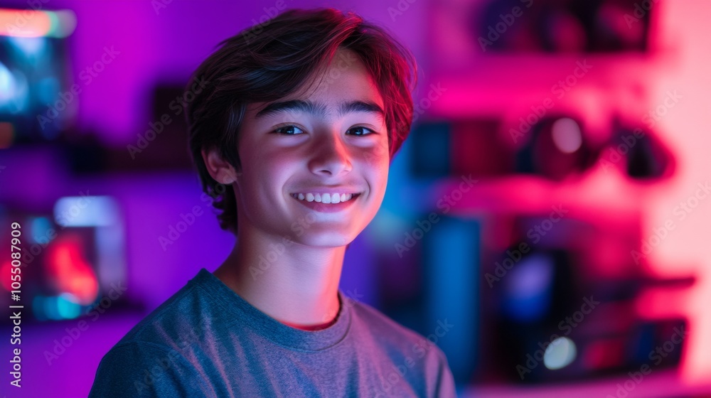 Fototapeta premium A young man is smiling in front of a wall of video game equipment