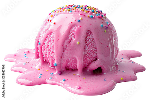 Melting Pink Ice Cream Scoop with Colorful Sprinkles Isolated