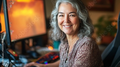 A woman is sitting at a desk with a computer and a keyboard