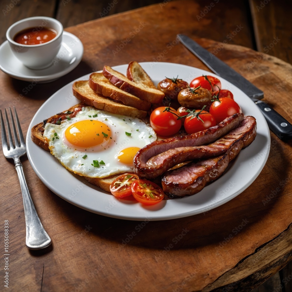A delicious breakfast plate featuring perfectly fried eggs, juicy tomatoes, and savory ham, all beautifully arranged for a hearty and satisfying morning meal A delicious breakfast plate featuring perfectly fried eggs, juicy tomatoes, and savory ham, all beautifully arranged for a hearty and satisfying morning meal