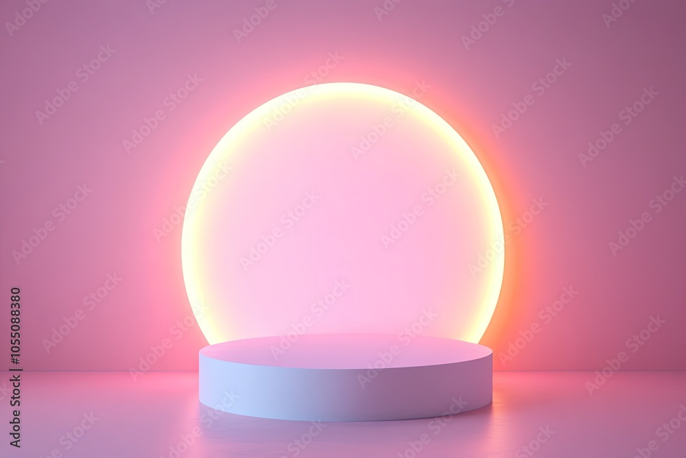 A white cylindrical podium stands in front of a glowing pink circle, creating a minimalist and modern display space. A white cylindrical podium stands in front of a glowing pink circle, creating a minimalist and modern display space.