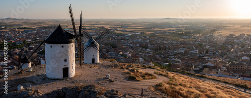 Iconic historic windmills in Consuegra at sunrise, known from Cervantes novel Don Quichotte