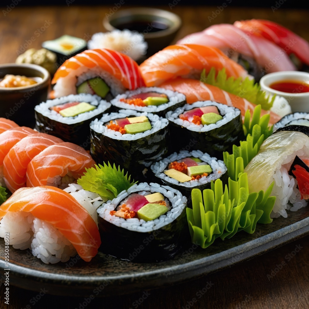 A beautiful assortment of sushi on a plate, featuring colorful rolls filled with fresh fish, vegetables, and avocado, elegantly arranged with soy sauce A beautiful assortment of sushi on a plate, featuring colorful rolls filled with fresh fish, vegetables, and avocado, elegantly arranged with soy sauce