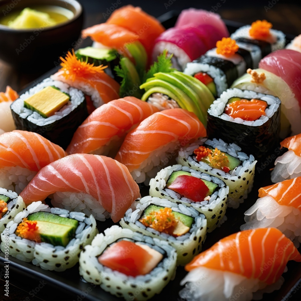 A beautiful assortment of sushi on a plate, featuring colorful rolls filled with fresh fish, vegetables, and avocado, elegantly arranged with soy sauce A beautiful assortment of sushi on a plate, featuring colorful rolls filled with fresh fish, vegetables, and avocado, elegantly arranged with soy sauce