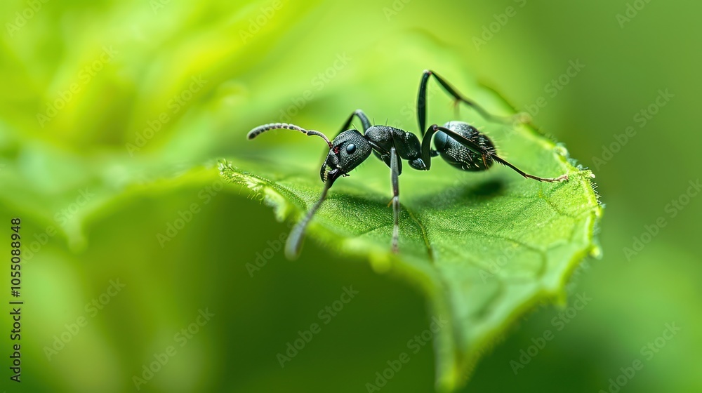 Naklejka premium Black Ant on Green Leaf