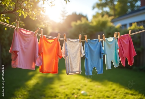 Clothes drying on a clothesline in a  backyard on sunshine day