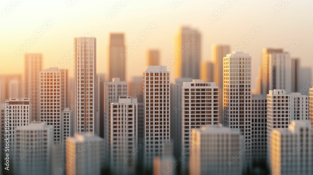Obraz premium Majestic skyscrapers with distinctive angled roofs and terraces forming a captivating city skyline showcasing the dynamism and progress of the modern urban landscape