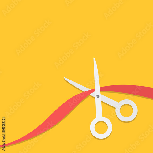 Scissors cut red ribbon on the right. Grand opening ceremony. Inauguration. New store business launch. Startup. Banner template. Flat design style. Yellow background. Isolated. Vector illustration