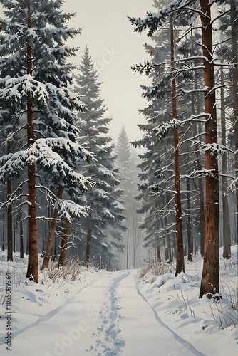 A snow trail winding through a forest in watercolor style