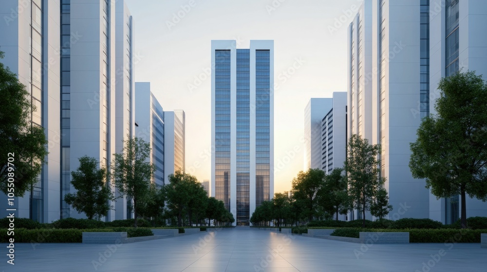 Stunning aerial view of a sleek and soaring modern business district featuring towering glass and steel office skyscrapers set against a clear sky The streets below are clean open Stunning aerial view of a sleek and soaring modern business district featuring towering glass and steel office skyscrapers set against a clear sky The streets below are clean open