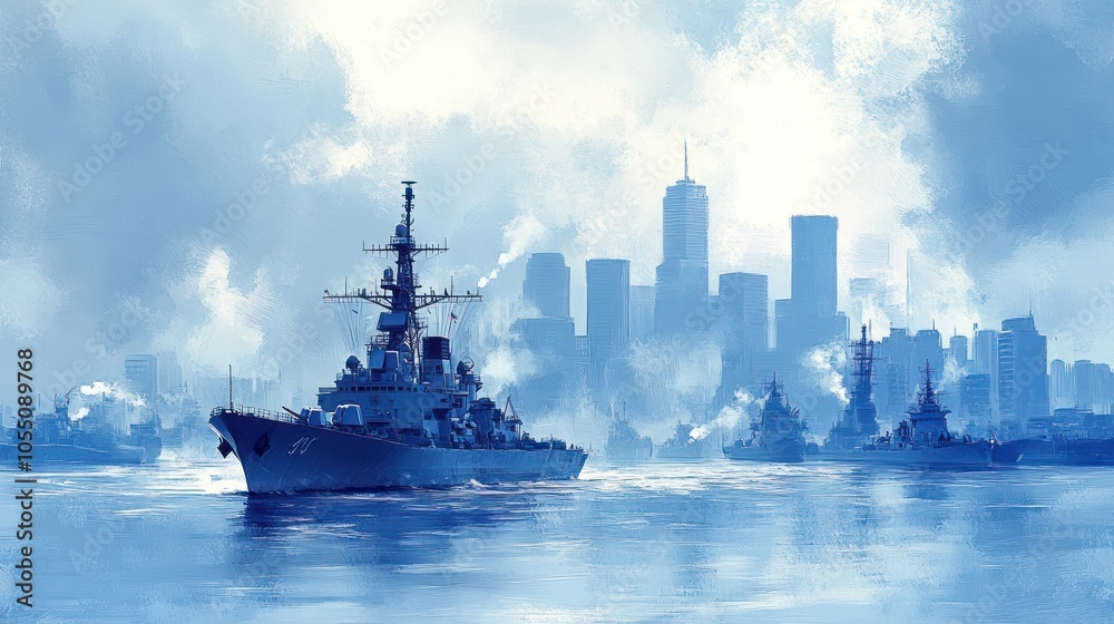 A Navy Destroyer Ship Sailing Past a City Skyline A Navy Destroyer Ship Sailing Past a City Skyline