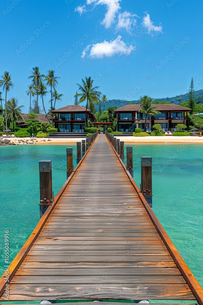 A wooden pier leads to a tropical paradise with luxury homes on a white sand beach. A wooden pier leads to a tropical paradise with luxury homes on a white sand beach.