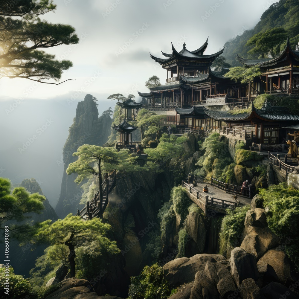 Fototapeta premium A Serene Mountain Landscape Featuring Carved Minimalist Chinese Architecture