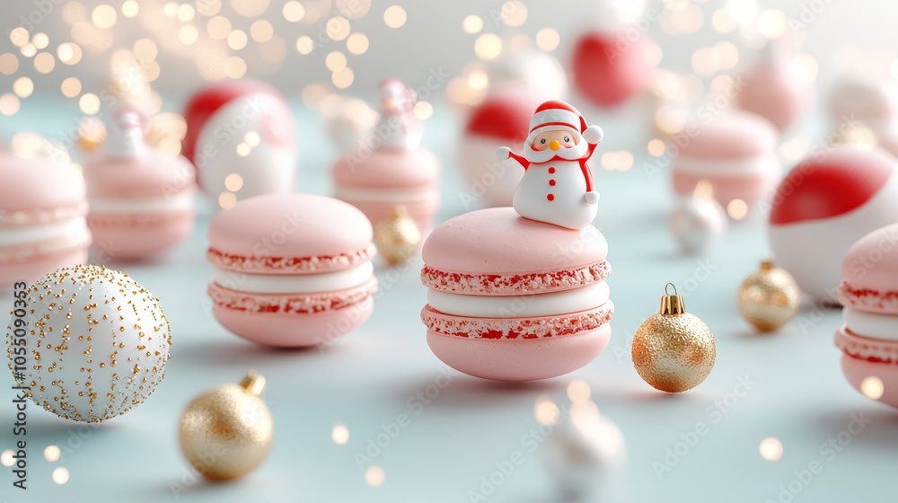 Obraz premium Close-up of Christmas-themed macarons featuring Santa, snowmen, and trees, surrounded by glowing lights and garlands, warm holiday vibe