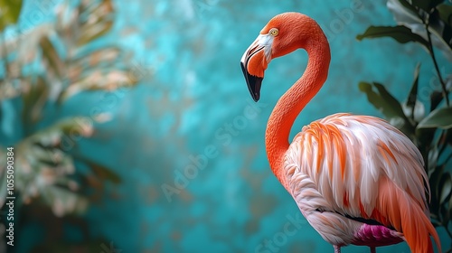 Pink flamingo on blue pastel background. Minimalistic backdrop with copy space. photo