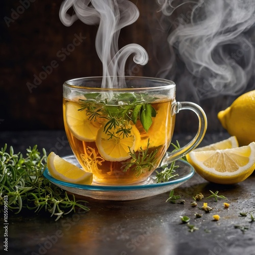 A freshly brewed cup of herbal tea, steaming and fragrant, is placed on a wooden table, surrounded by fresh herbs and a calming ambiance