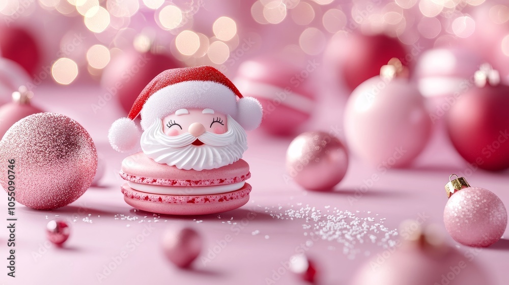 Close-up of festive macarons shaped like Santa's cheerful face, detailed with bright colors, surrounded by shimmering Christmas ornaments, Merry Christmas vibe Close-up of festive macarons shaped like Santa's cheerful face, detailed with bright colors, surrounded by shimmering Christmas ornaments, Merry Christmas vibe