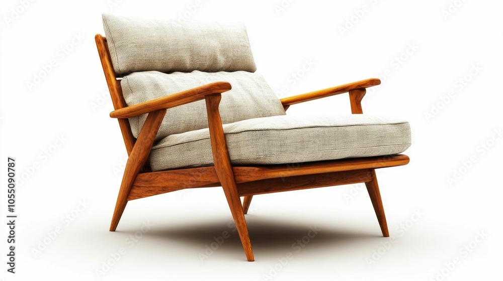 Cozy and Stylish Mid Century Modern Armchair with Wooden Frame and Soft Fabric Cushions Isolated on a Clean White Background Cozy and Stylish Mid Century Modern Armchair with Wooden Frame and Soft Fabric Cushions Isolated on a Clean White Background