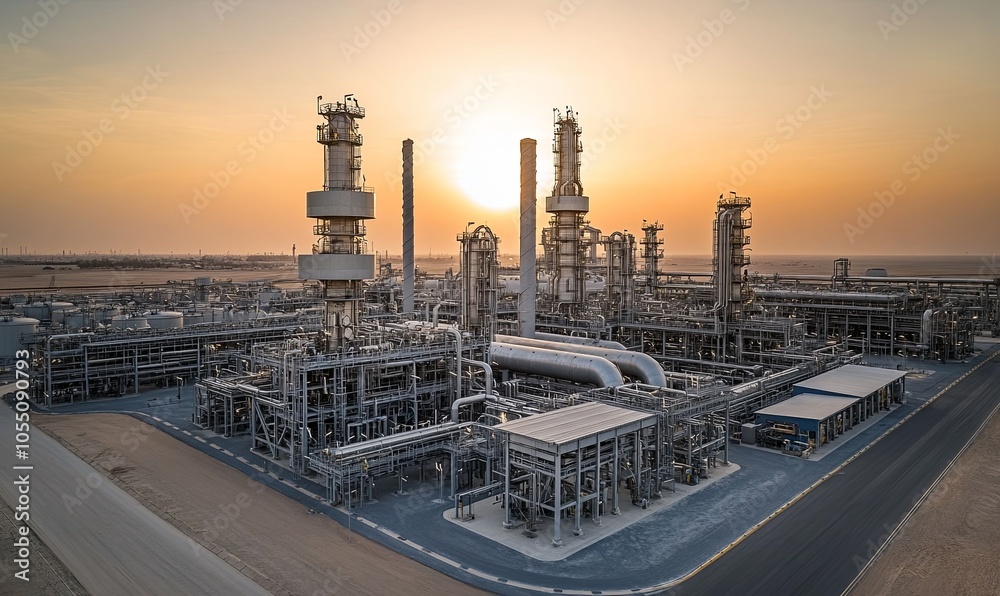 An aerial view of an oil refinery at sunset with multiple tall towers, pipes, and structures. An aerial view of an oil refinery at sunset with multiple tall towers, pipes, and structures.