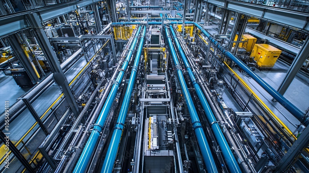An overhead view of a factory's production line with blue pipes and machinery, showcasing modern industrial manufacturing. An overhead view of a factory's production line with blue pipes and machinery, showcasing modern industrial manufacturing.