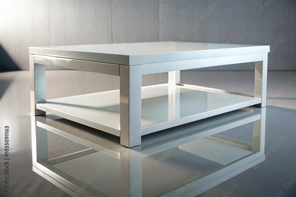 White modern coffee table with shallow depth of field on reflective surface White modern coffee table with shallow depth of field on reflective surface