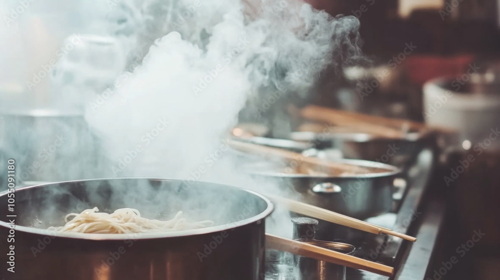 Traditional Kitchen with Soft Rice Noodles Cooking Traditional Kitchen with Soft Rice Noodles Cooking
