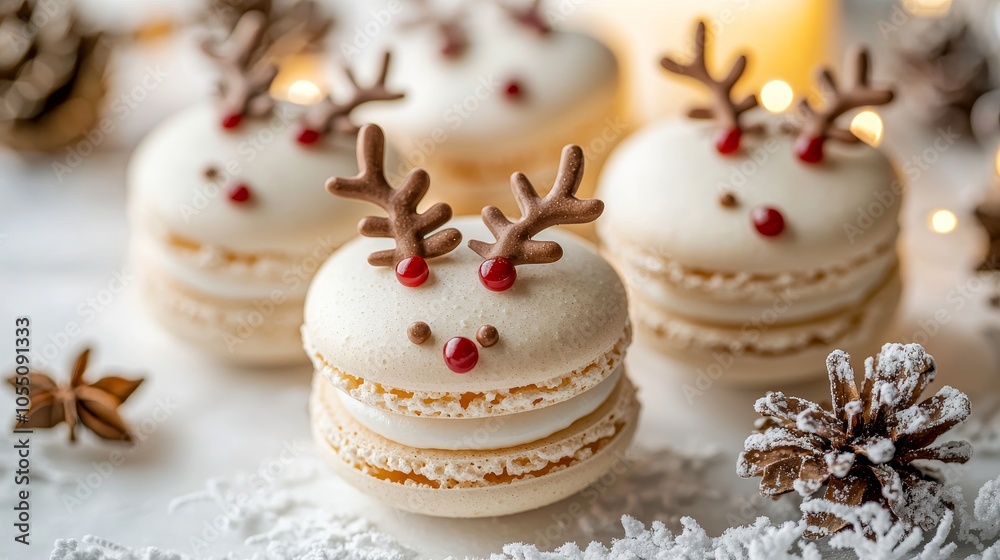 Close-up of reindeer macarons, cozy Christmas setting, soft candlelight, festive detail, isolated on white background Close-up of reindeer macarons, cozy Christmas setting, soft candlelight, festive detail, isolated on white background