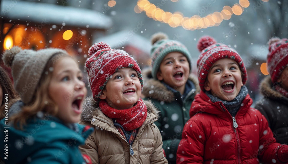 Children sing joyfully at a winter event, surrounded by festive lights, snow, and decorations.
Children sing joyfully at a winter event, surrounded by festive lights, snow, and decorations.