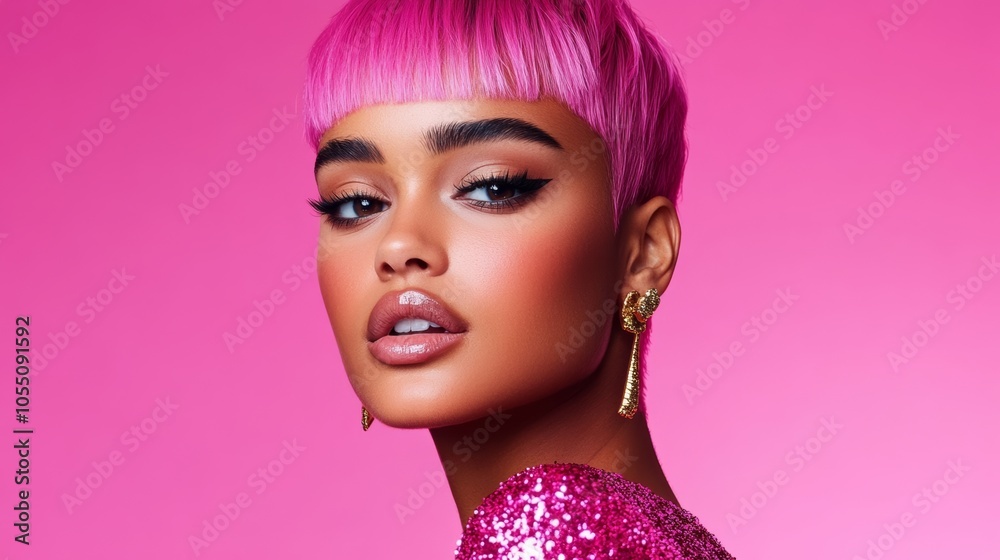 model with pink hair, a pink background, a pink glittery dress, and gold earrings. The model has a pink pixie cut hairstyle, and the image appears to be a beauty shot